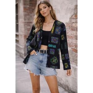 Vintage Abstract Geometric Cardigan Black Colorful 90s Artsy Chico’s Size 2 L